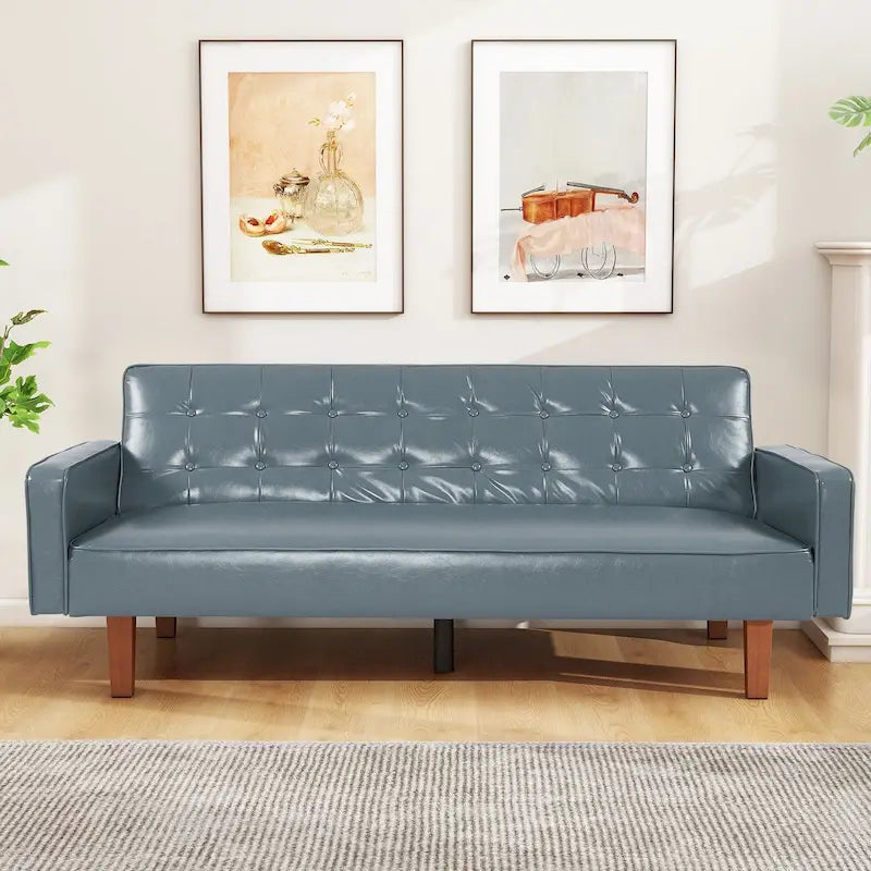 Mid-Century 74 in PU Leather Futon Sofa Bed, Button Tufted Sofa 3-Seat for Living Room Bedroom