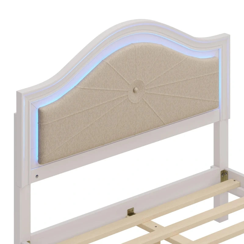 Letto matrimoniale moderno in legno con luci LED nascoste, testiera curva imbottita, non richiede box spring, grigio crema