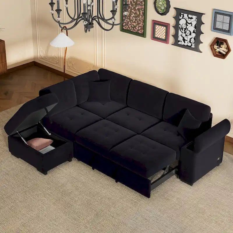 84.75 L-Shaped 5-Seat Sleeper Sectional Sofa with Storage Ottoman, Hidden Arm Storage, and USB Charging for Living Room
