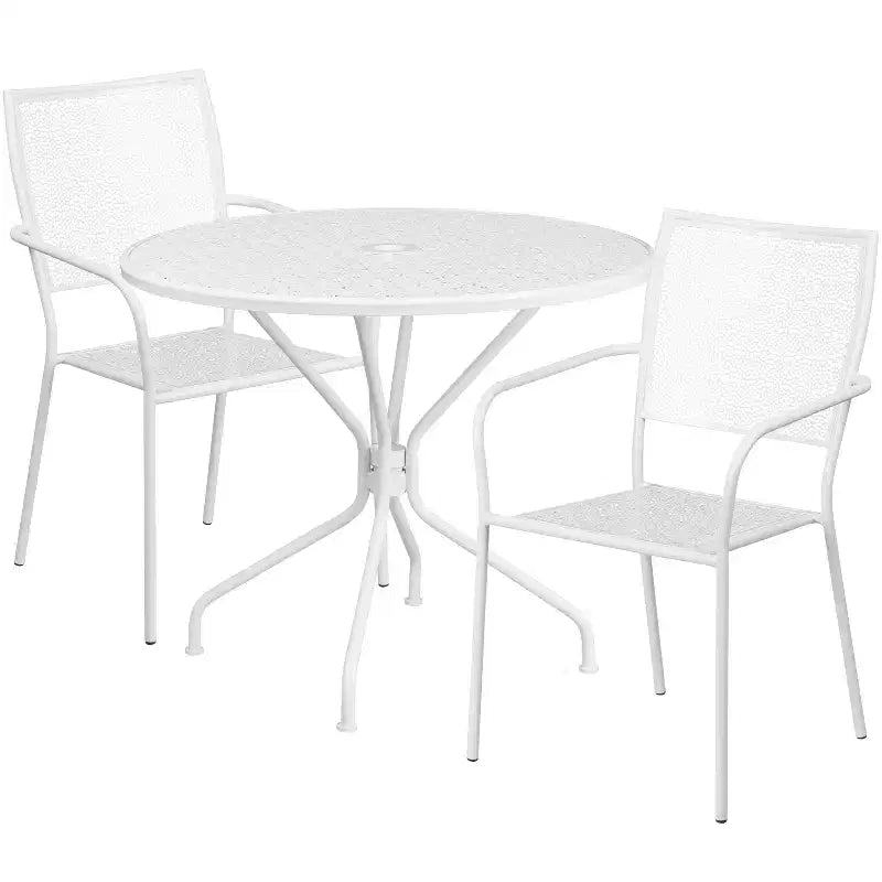 Emma and Oliver Commercial Grade 35.25 Round Metal Garden Patio Table Set, 2 Square Back Chairs