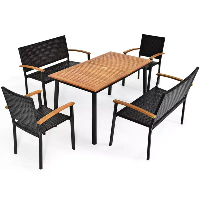 Costway 5PC Patio Rattan Dining Set Acacia Wood Table Top Stackable Chair Bench