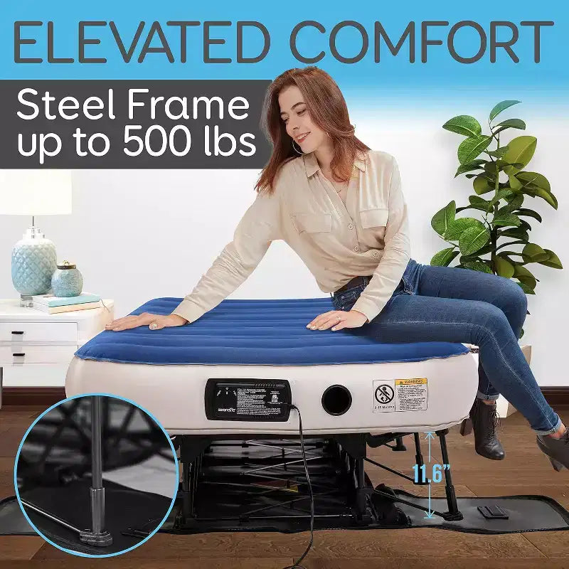 Materasso ad aria SereneLife EZ con telaio e custodia a rotelle, letto ad aria pieghevole autogonfiabile con pompa incorporata, singolo
