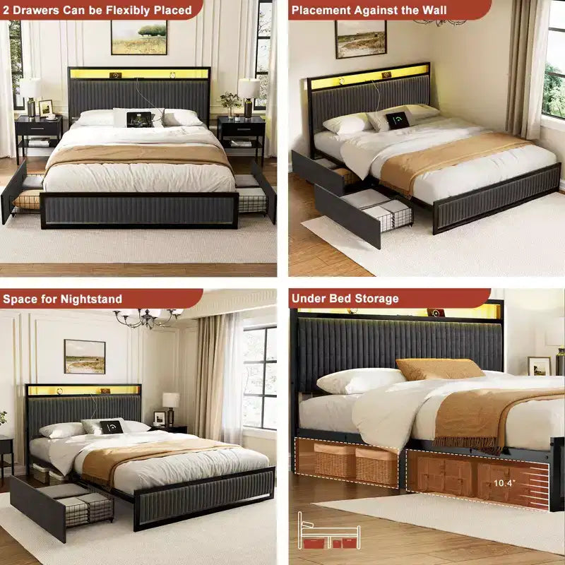 Hausource Letto Imbottito con 2 Cassetti Contenitore, Testiera a LED, Porte USB, Grigio Scuro