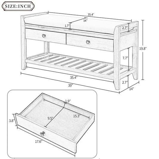Contemporary Cushioned Shoe Rack with 2 Drawers and Open Shelf