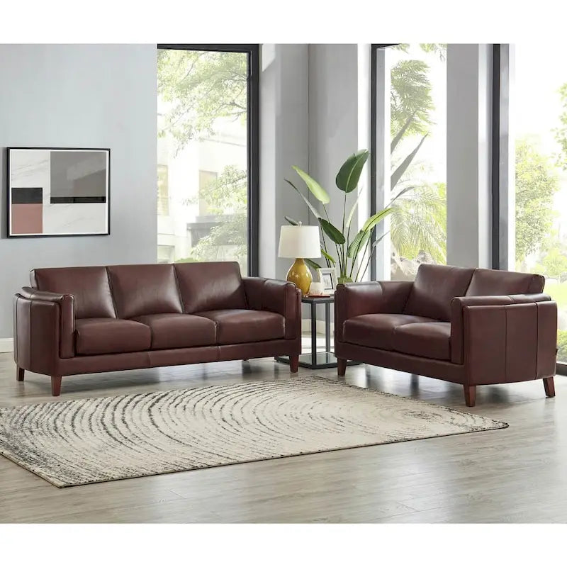 Hydeline Maui Top Grain Leather Sofa and Loveseat Set With Feather, Memory Foam and Springs