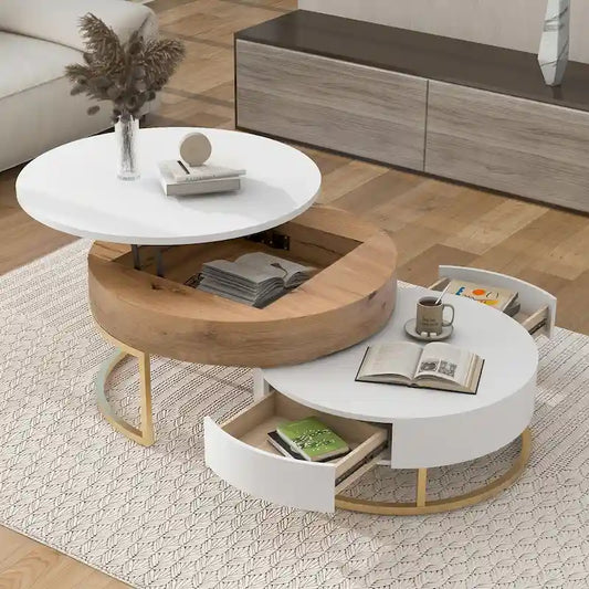 Modern Round Lift-top Nesting Coffee Tables with 2 Drawers
