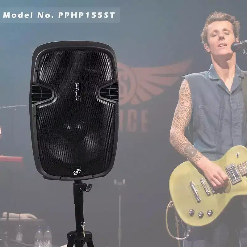 Pyle 15 Bluetooth PA Speaker System with Wired Microphone & Speaker Stand - Black