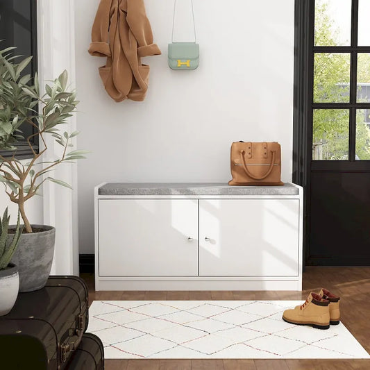 35.8 W White Storage Bench with Drawers and Padded Seat Cushion