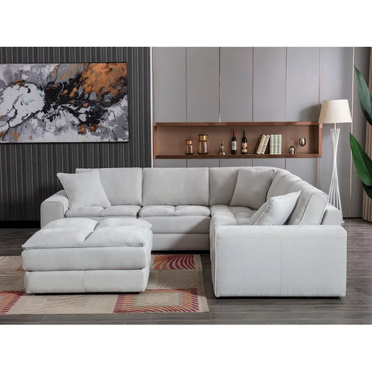 Roundhill Furniture Breton Contemporary Fabric Tufted Modular Sectional Sofa with Ottoman, Oyster