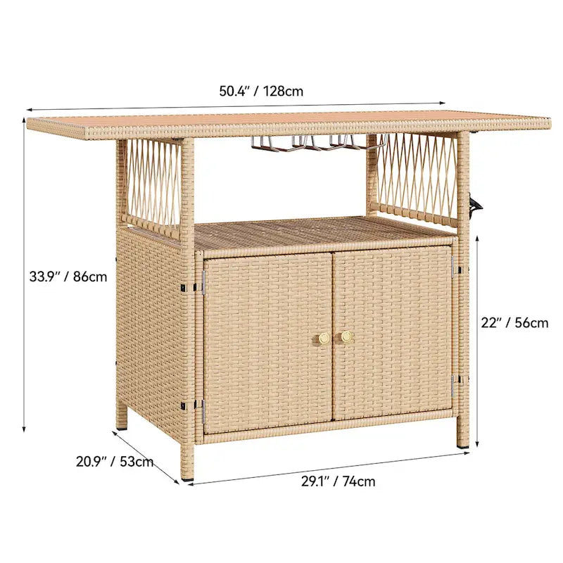 Mobile Bar da Esterno Moasis in Vimini con Tavolo in Legno Sintetico - 128 L x 53 W x 86 H cm
