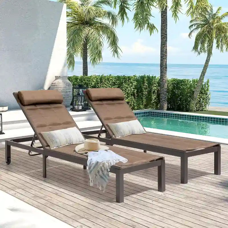 Outdoor Adjustable Quilted Chaise Lounge Chairs with Wheels (Set of 2) - 77.17 L 23.62 W 13.38 H