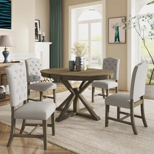 Dining Table Set with Extendable Table and 4 Upholstered Chairs