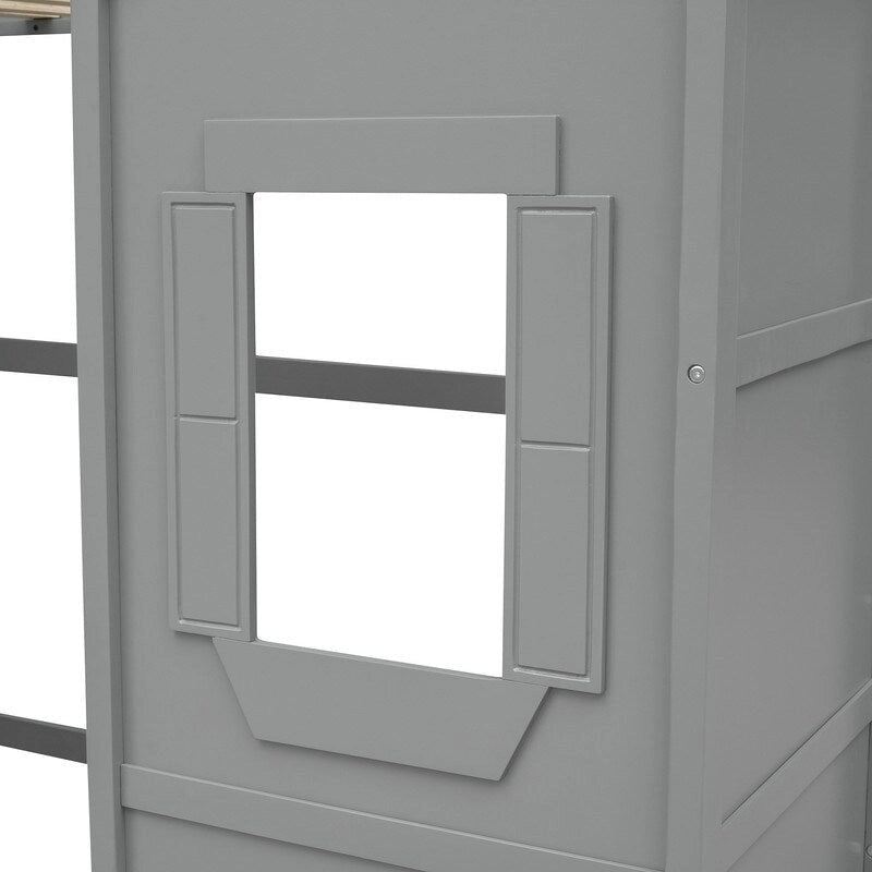 House Loft Bed Twin Kids Playhouse Bed, Solid Wood Loft Bed Frame with Window and Ladder