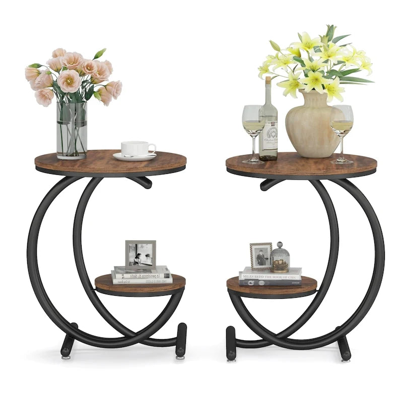 2-Tier Round Marble End Table with Storage Shelf (Modern/Industrial)
