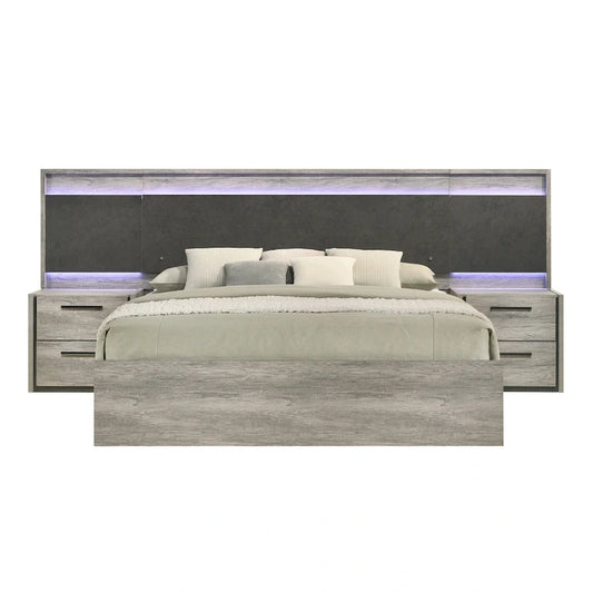 Mobili Roundhill Lenca Letto a scomparsa a parete con LED, comodini, cassettiera e specchio - Grigio invecchiato