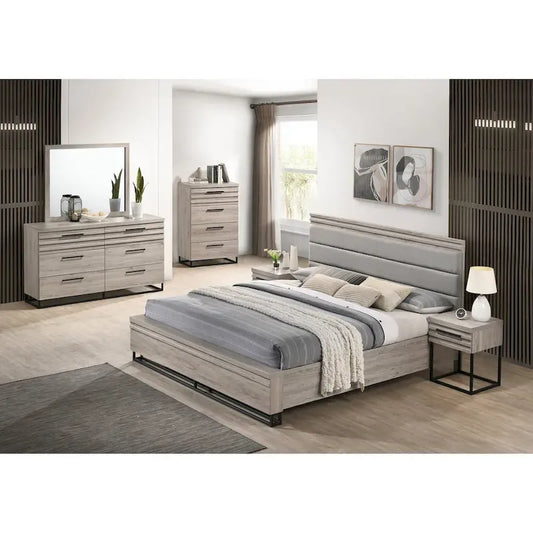 Roundhill Furniture Alvear Upholstered Wood Panel Bed, Dresser, Mirror, 2 Nightstands, and Chest, Weathered Gray