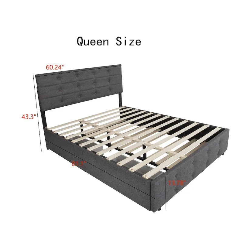 Letto a rotelle imbottito in tessuto di lino Queen Size con cassetti Grigio