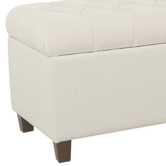 Fabric Upholstered Button Tufted Wooden Bench With Hinged Storage, White and Brown