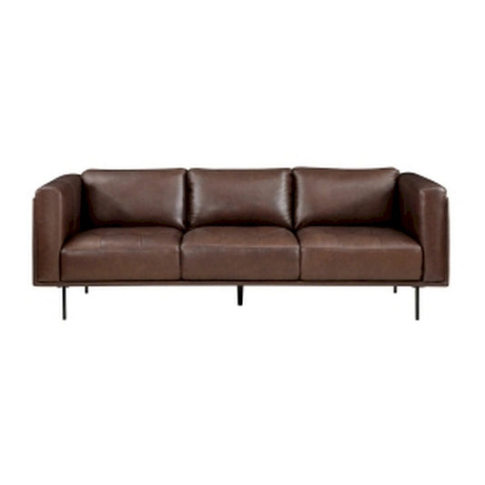 Sen 88 Inch Low Back Tufted Sofa, Brown Top Grain Leather, Metal Legs