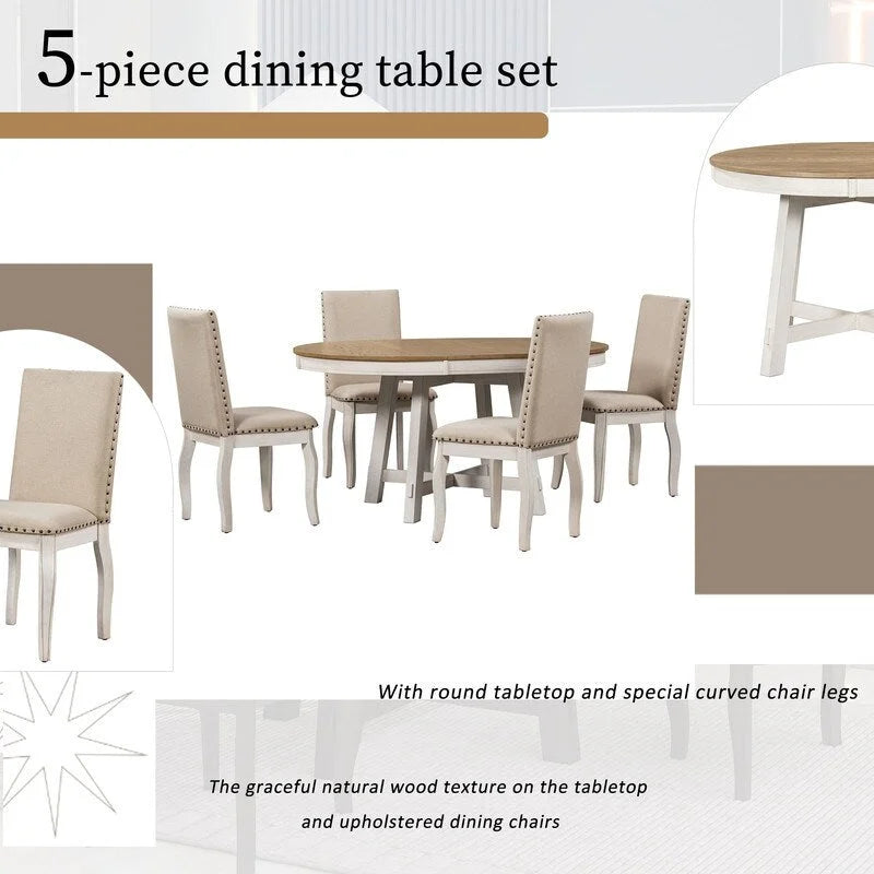 5-Piece Farmhouse Dining Table Set Wood Round Extendable Dining Table and 4 Upholstered Dining Chairs