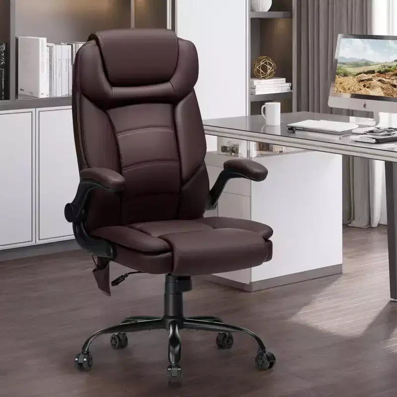 Hoffree Leather Reclining Office Chair Ergonomic Swivel Chair with Inflatable Lumbar Support & Armrest