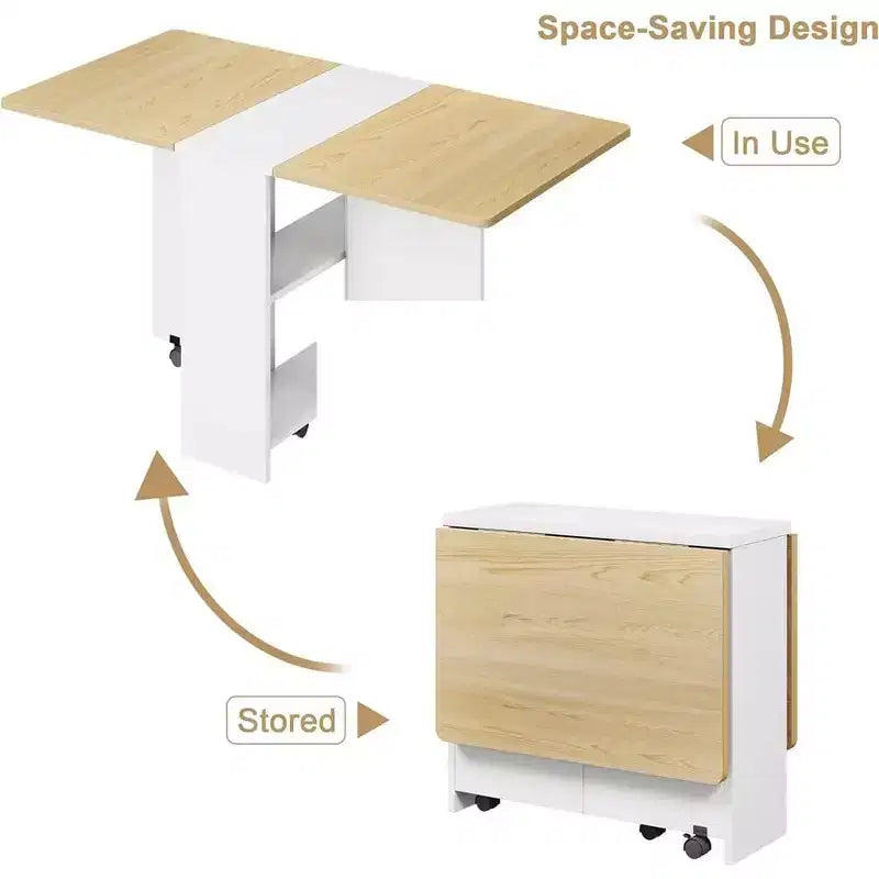 Folding Dining Table, Drop Leaf Dining Table with 6 Wheels and 2-Layer Storage Shelf, Space Saving Dining Table for Small Spaces