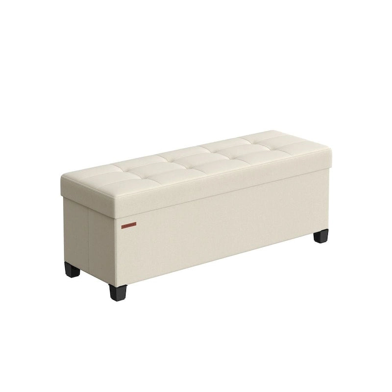 Fabric Upholstered 43 Wide Small Storage Ottoman with Wooden Legs and Tufted Lid