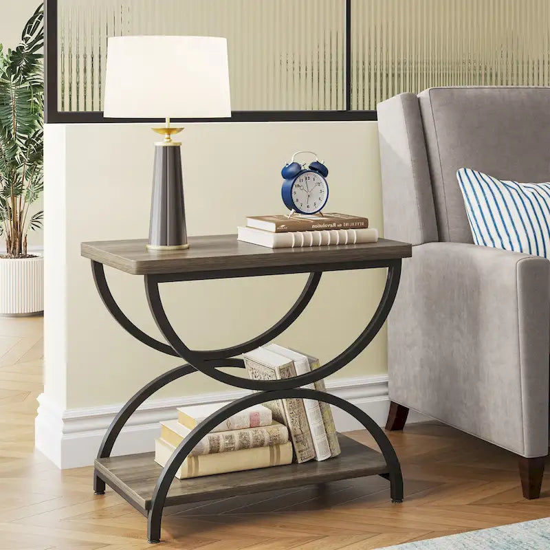 2-Tier Rectangular Wood Metal End Side Chairside Table