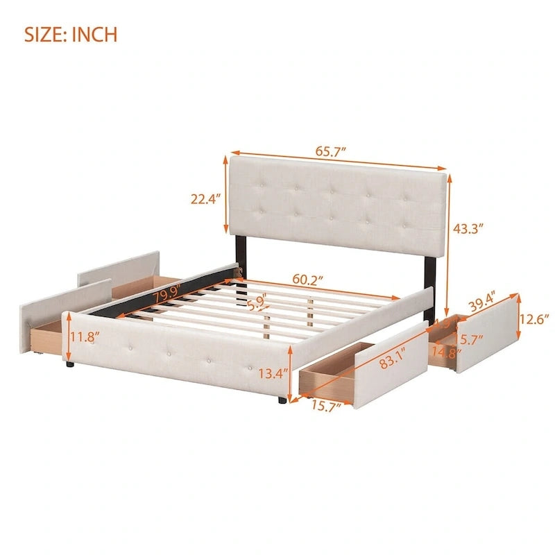 Merax Queen Upholstered Platform Bed with 4 Drawers