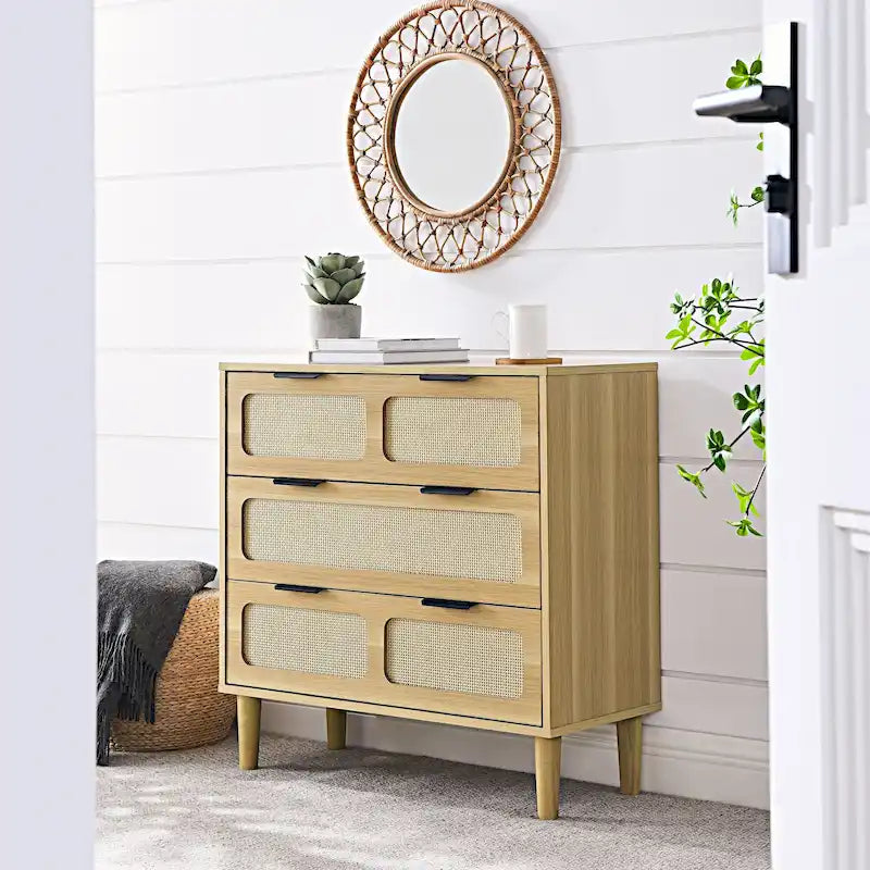 Cassettone in legno rustico, cassettiera moderna in rattan con 3 ampi cassetti e maniglie in metallo