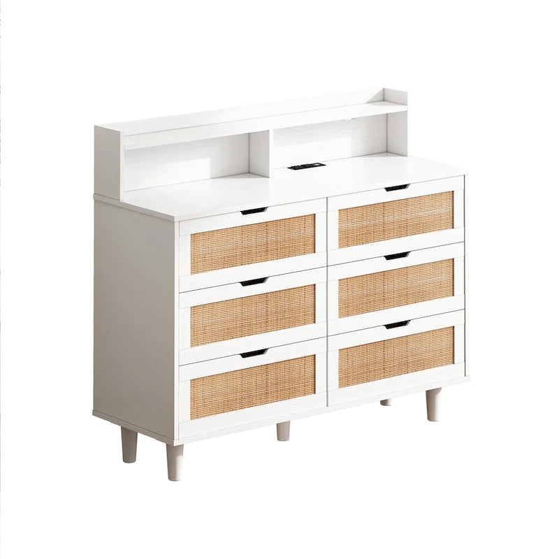 Cassettiera con 6 cassetti in rattan, luci LED e presa di corrente