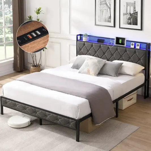 Struttura letto a piattaforma con testiera contenitore, stazione di ricarica e luci a LED