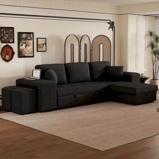 104 Modern L-Shape 3 Seat Reversible Sectional Couch, Pull Out Sleeper Sofa with Storage Chaise and 2 Stools