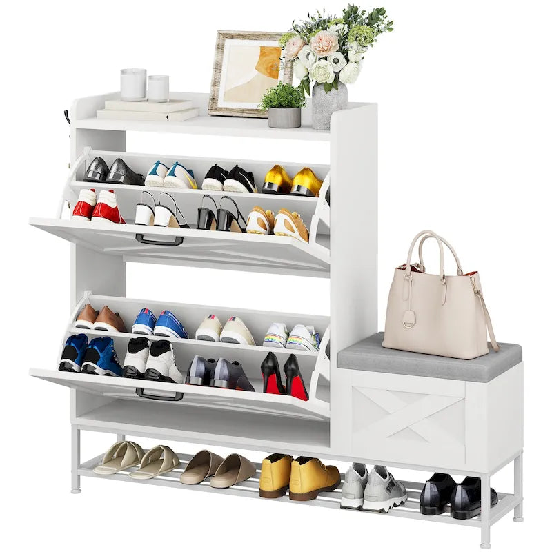 Farmhouse Shoe Storage Cabinet with Shoe Bench Entryway Shoe Storage with 2 Flip Drawers for 16 Pairs - 9.4W x 47.1 L x 41.3 H