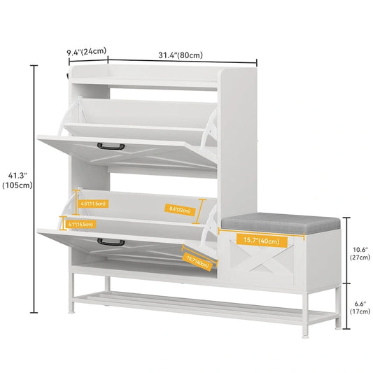 Farmhouse Shoe Storage Cabinet with Shoe Bench Entryway Shoe Storage with 2 Flip Drawers for 16 Pairs - 9.4W x 47.1 L x 41.3 H
