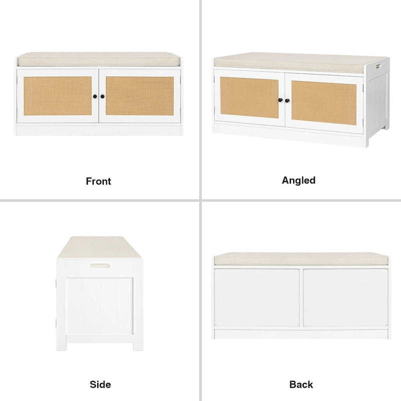 Anmytek White Shoe Storage Bench for Entryway with Cushion and Adjustable Shelves - 39.8 W x 15.7 D x 18 H