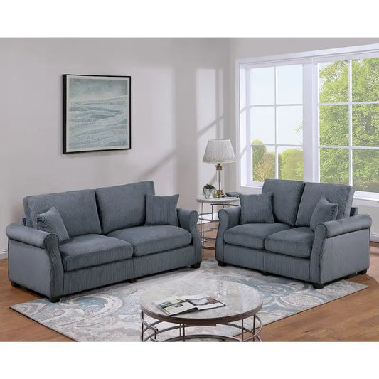 2 Piece Corduroy Upholstered Sofa Set with Thick Back and Seat