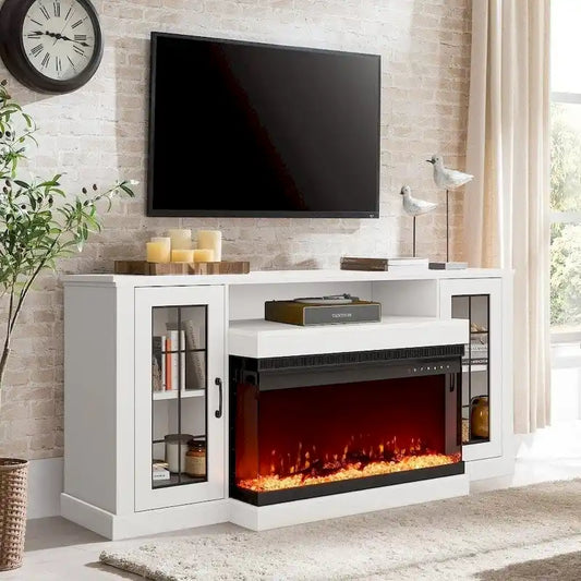 Erommy Entertainment Center with Adjustable Glass Shelves and Built-in Electric Fireplace - 70