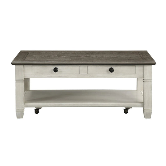 Rome 48 Inch Cocktail Coffee Table, 2 Drawers, White and Brown, Solid Wood