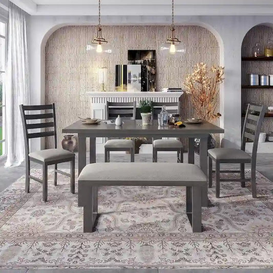 60 Rectangular Solid Wood Dining Table with 4 Upholstered Chairs and Bench