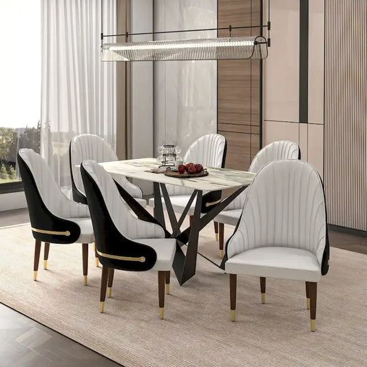 Leather Dining Chair with a Ripple Back and Gold Accents Design Elara Collection