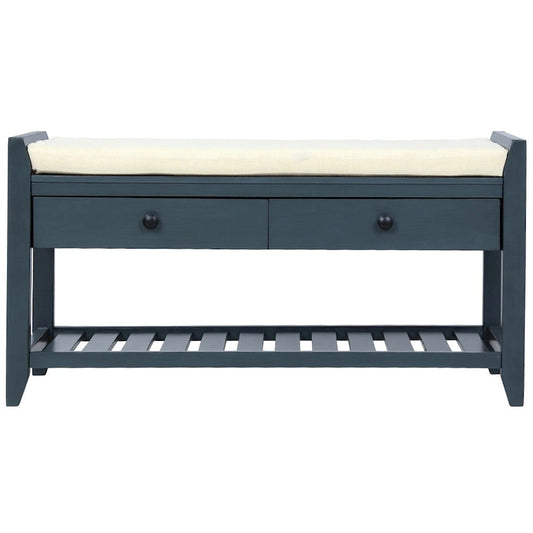 Shoe Rack with Cushioned Seat and Drawers, Multipurpose Storage Bench, Antique Navy - 39 L x 14 W x 19.8 H