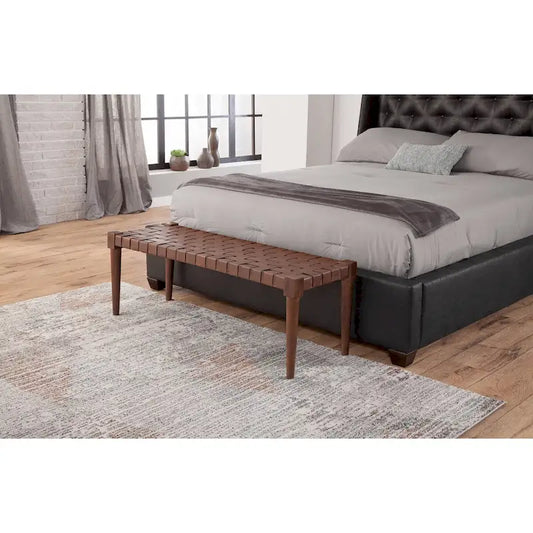 Harness Cognac Brown Woven Genuine Leather and Solid Wood Accent Bench