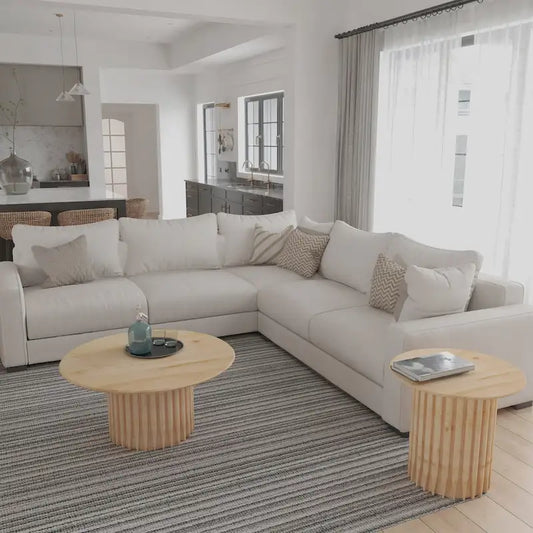 Sejo Coffee Table, 34 Inch Round Top with Fluted Base in Natural Brown Mango Wood