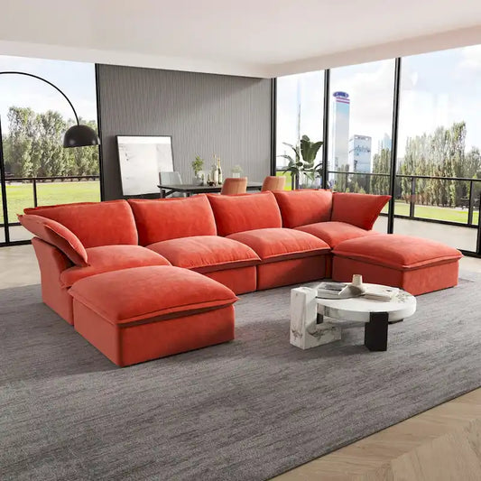 U-shaped Velvet Cloud Sectional Sofa, Down Feather Wide Deep Seat Convertible Couch with 2 Storage Ottomans.