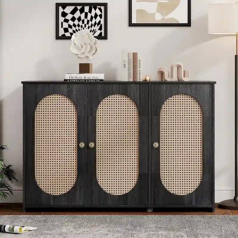 Rattan Doors and Metal Handles Sideboard with Large Storage Space