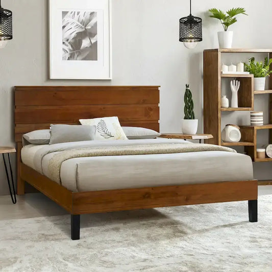 Mid-Century Modern Solid Wood Bed Frame Platform Bed with 3-Piece Headboard Design