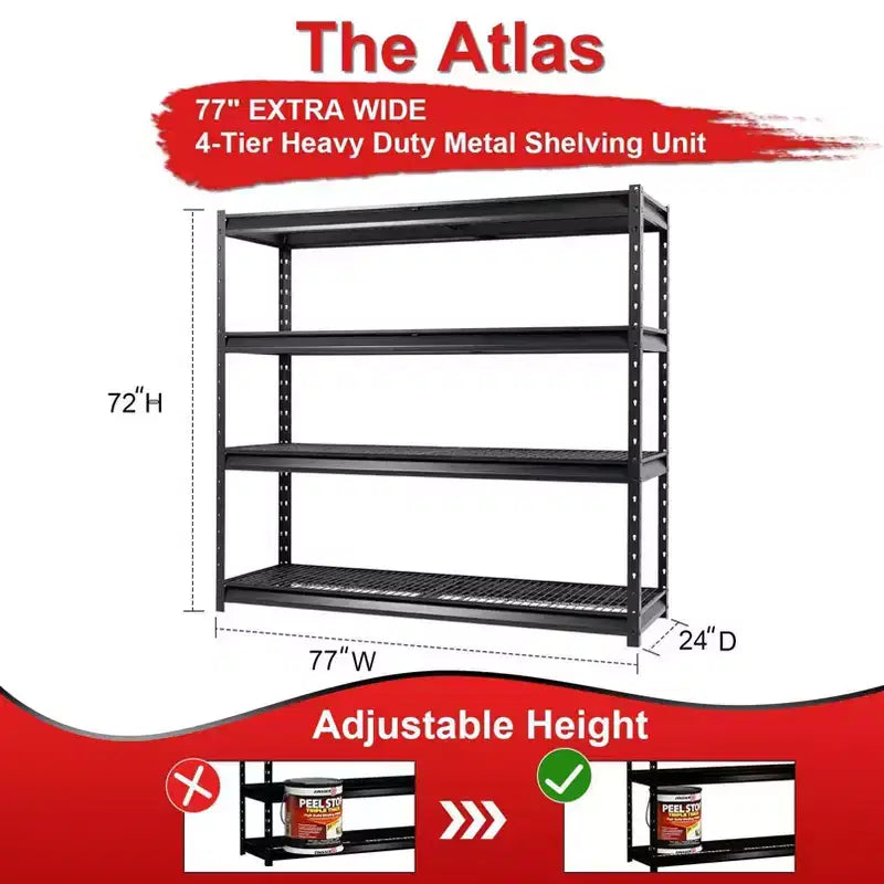 Scaffalatura Atlas a 4 ripiani 195x60x180 cm 4535 kg in acciaio robusto grigio scuro: Portautensili regolabile, capacità 1134 kg/ripiano