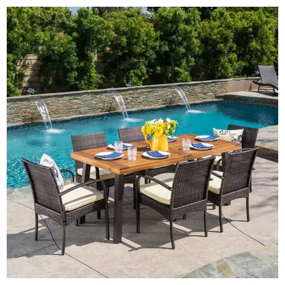 Bavaro 7pc Rectangle All-Weather Wicker and Wood Patio Dining Set - Brown/Cream - Christopher Knight Home: Galvanized Steel, Polyester Cushions