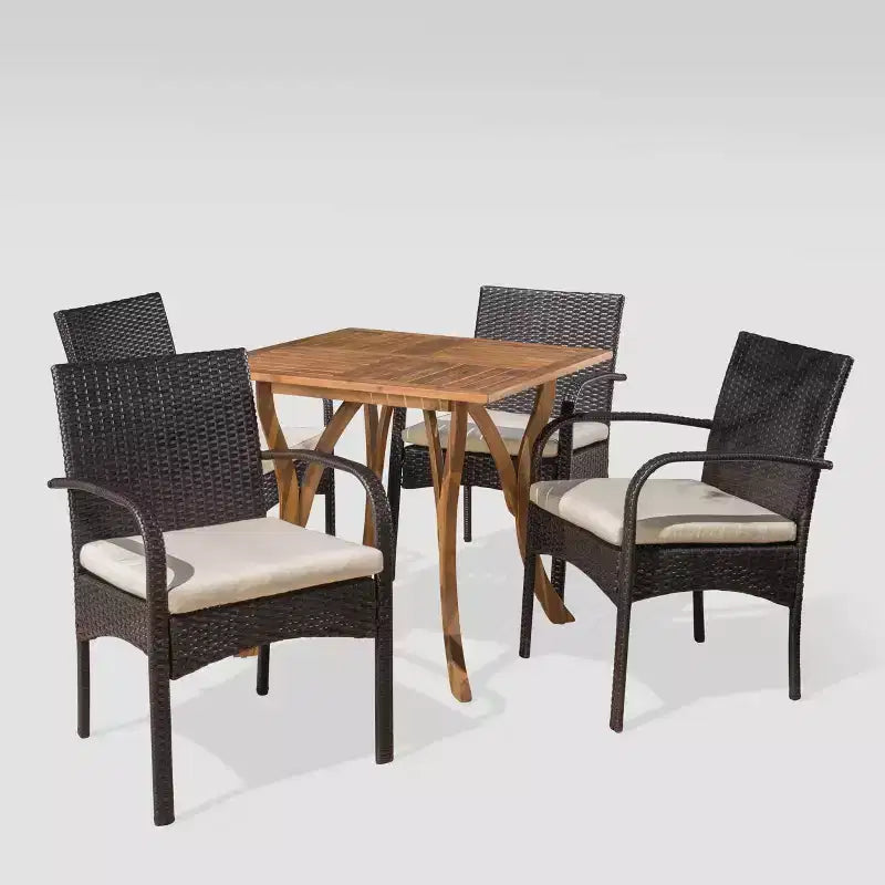 Hartford 5pc Acacia Wood and Wicker Dining Set - Teak/Cream - Christopher Knight Home: Weather-Resistant, 4 Arm Chairs & Square Table